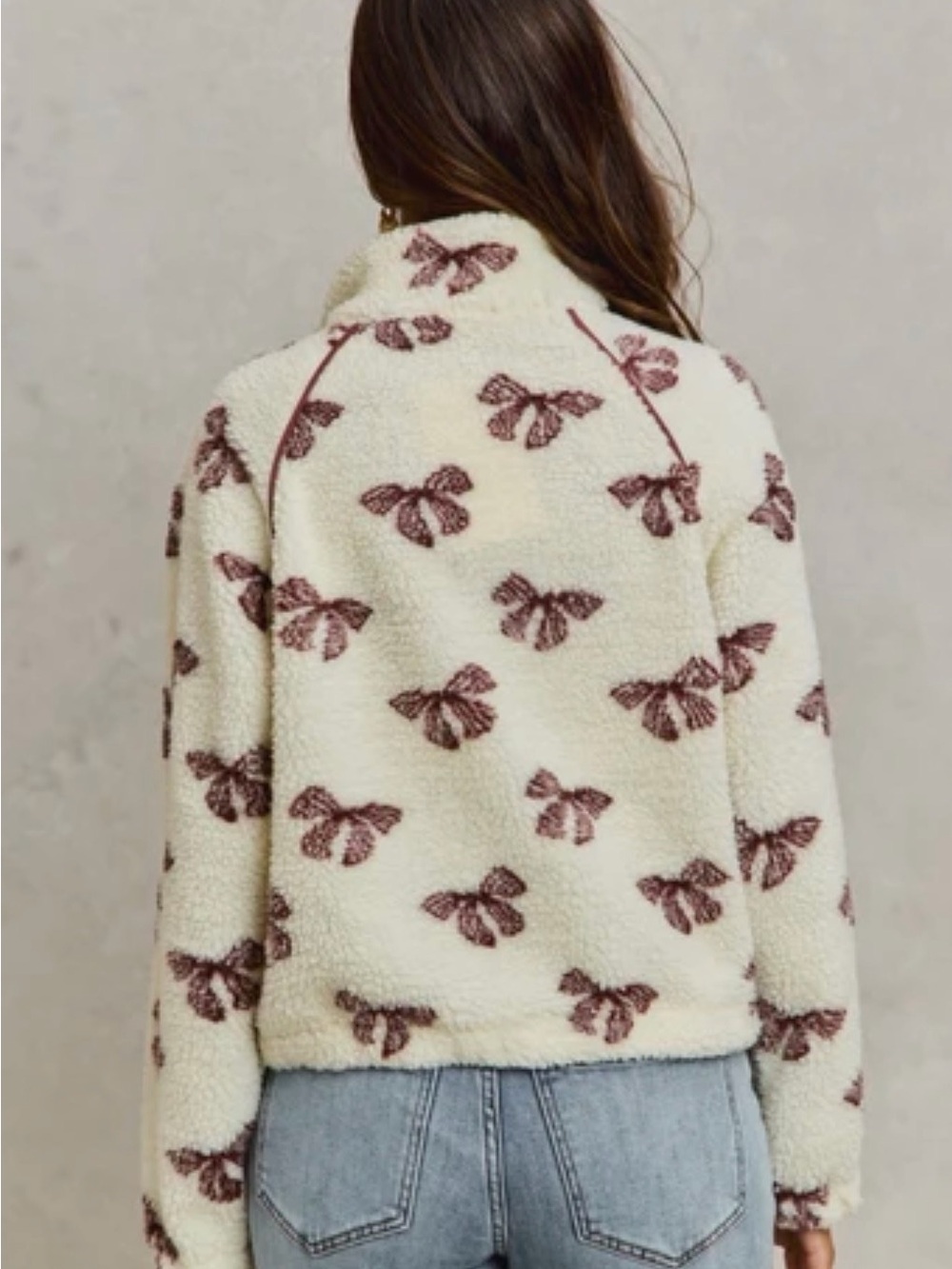 160 Cozy Cream Fleece Pullover with Brown Bow  Print - Picture 4 of 4